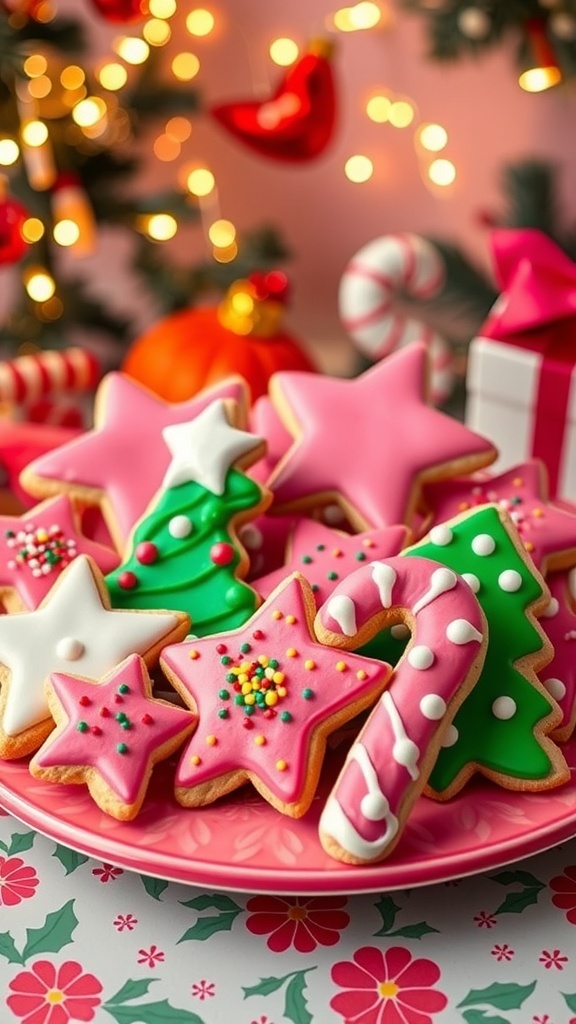 Colorful 80s pink Christmas cookies shaped like stars and trees, decorated with icing and sprinkles on a festive plate.